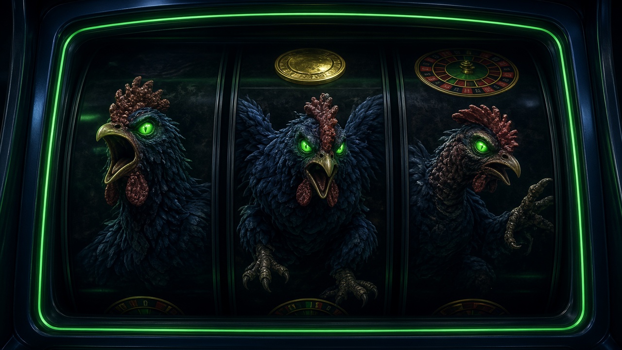 Gros plan de rouleaux de machine à sous, avec des poules mutantes, une pièce et une roulette