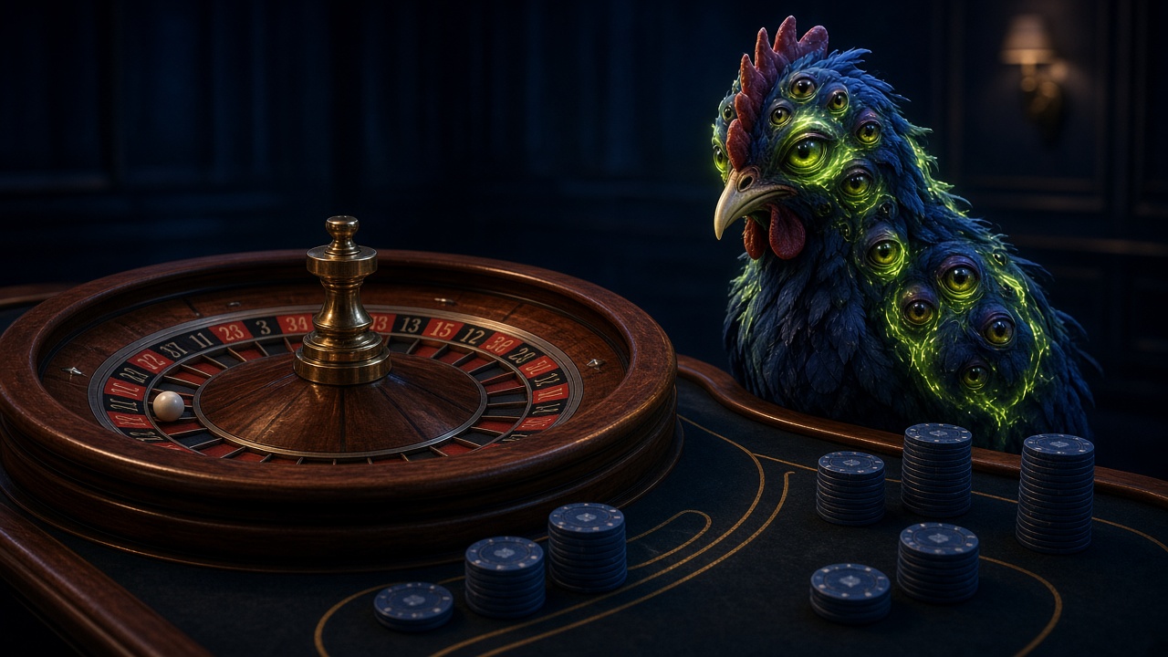 Table de roulette dans un casino sombre, à côté d’une poule mutante aux yeux verts