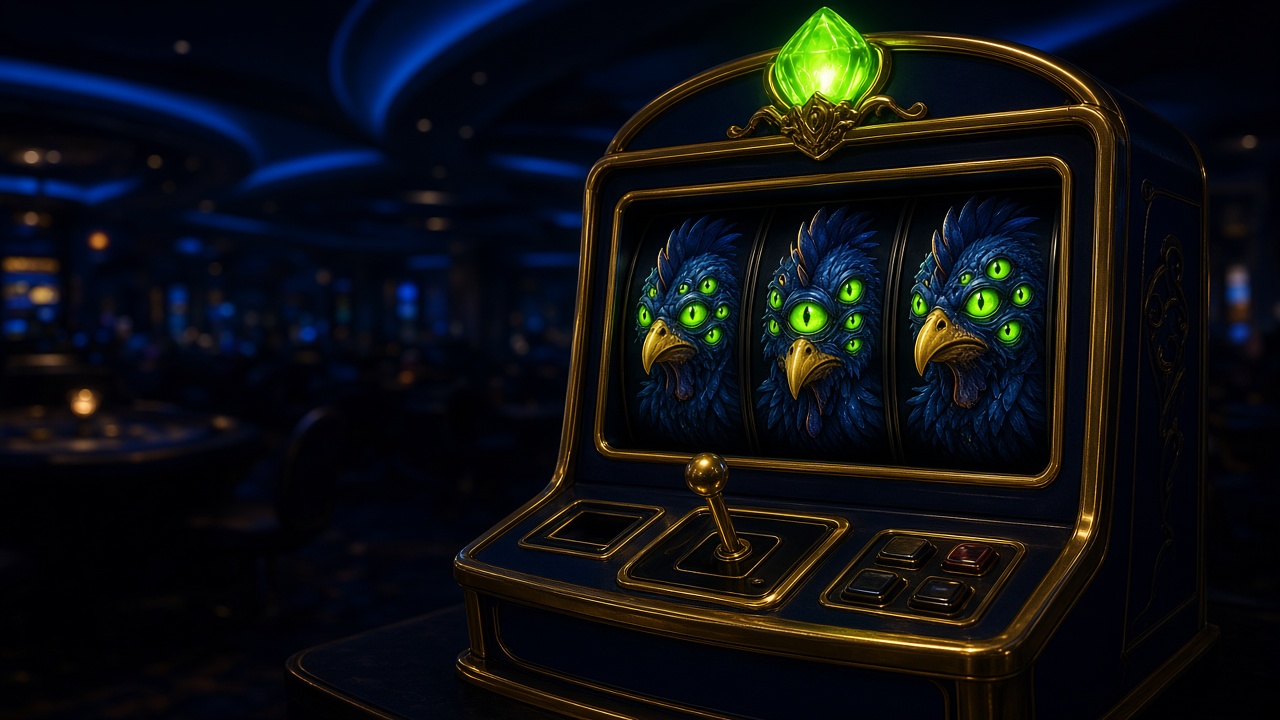 Machine à sous dans un casino bleu nuit, avec une poule mutante aux yeux verts sur les rouleaux